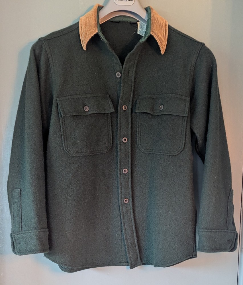 Mens Vintage Woolrich Wool Blend Overshirt Corduroy Collar Medium Green. VGC
