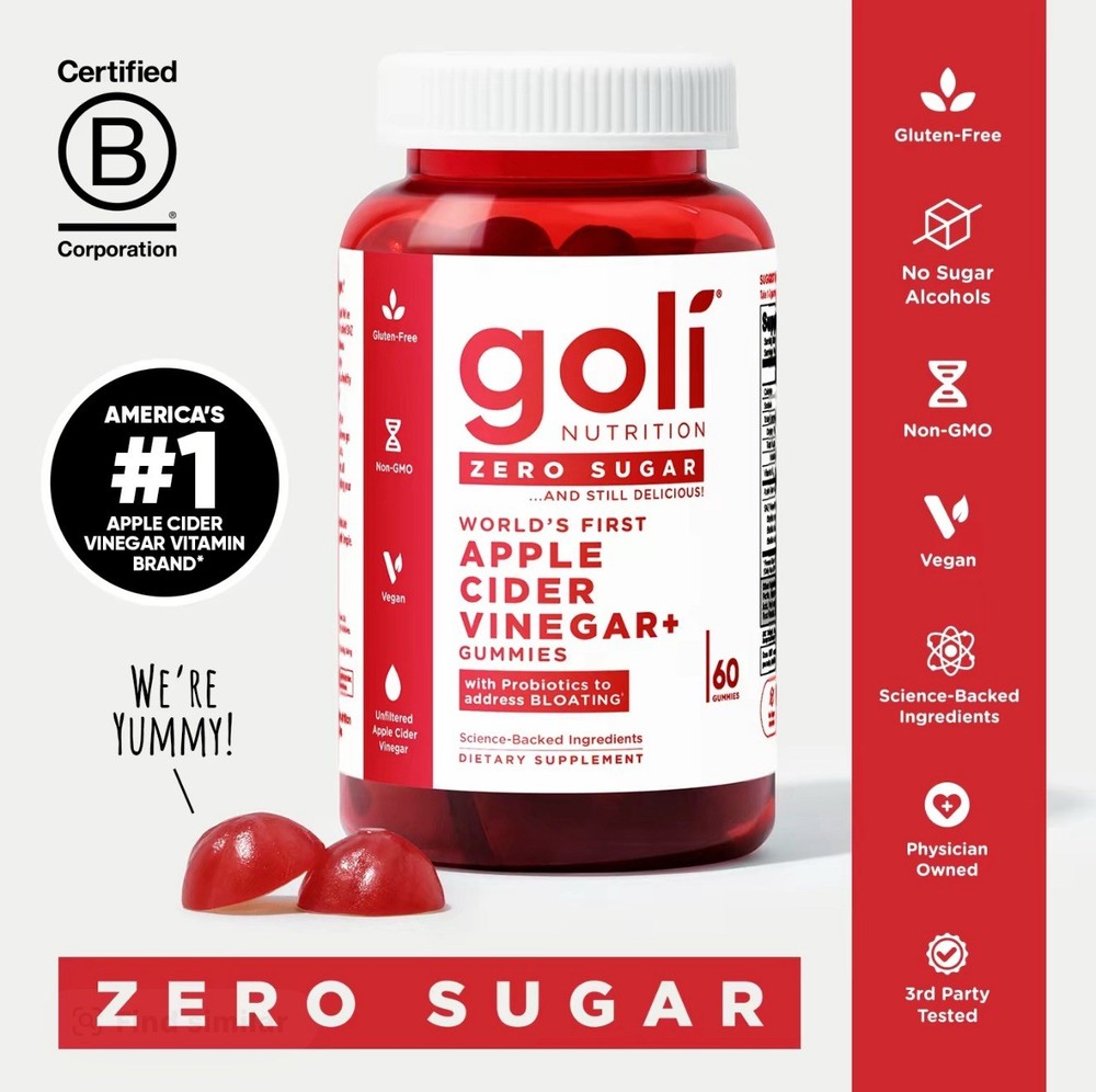 Goli Zero Sugar Apple Cider Vinegar Gummies with B12 and Probiotics – Worlds First Vegan Supplement