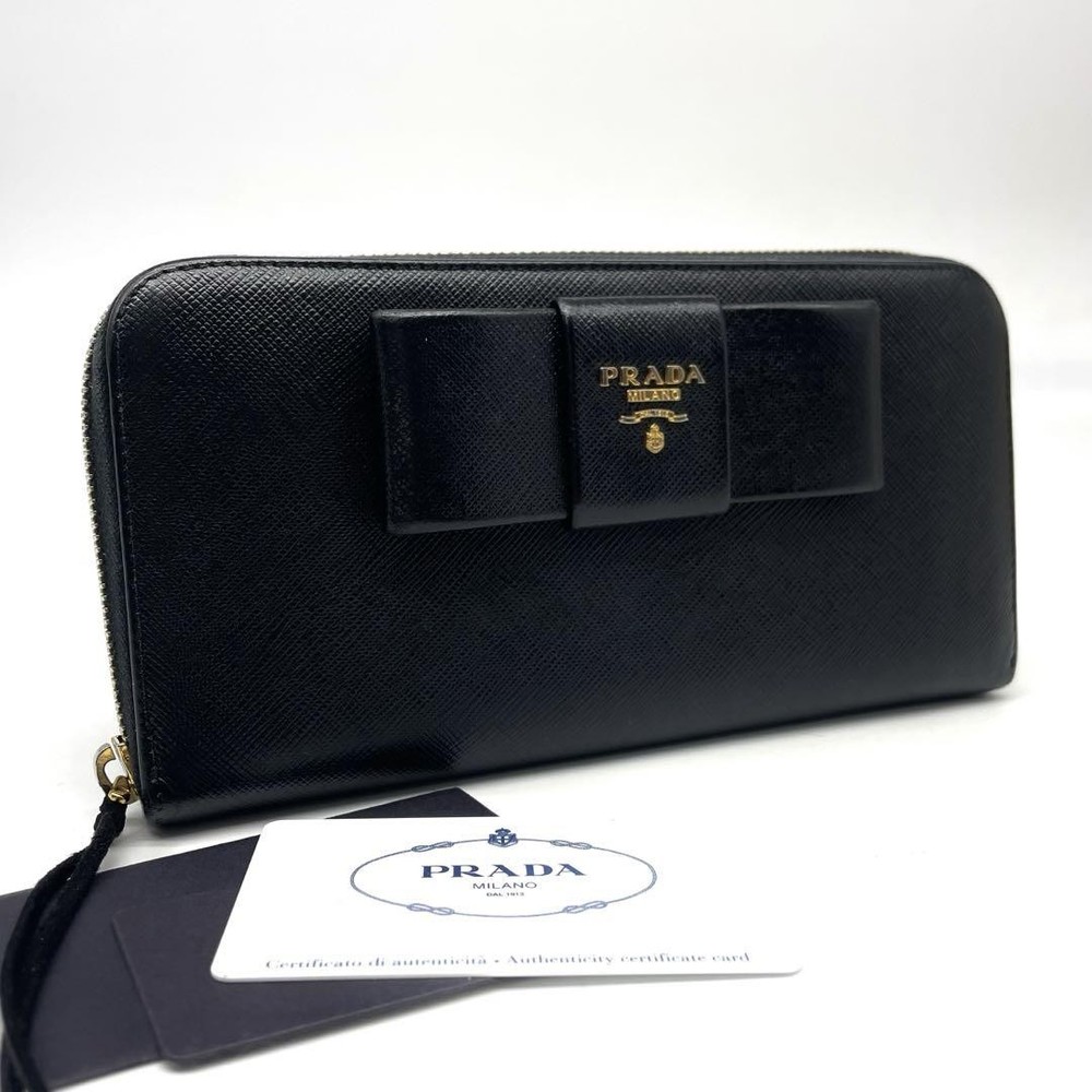 Authentic Vintage Prada Saffiano Leather Long Wallet with Round Zip in Classic Black
