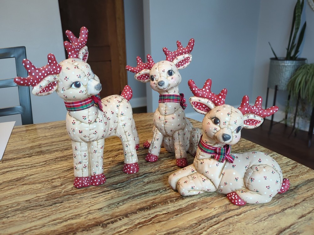 Vintage 1986 Christmas Reindeer Ceramic Set Of 3 Kimple Mold