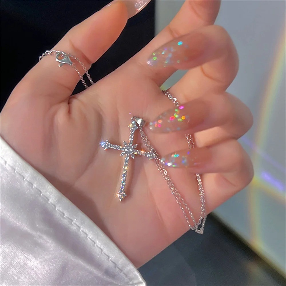 Elegant Crystal Cross Pendant Necklace Silver Color Star Women Fashion Jewelry