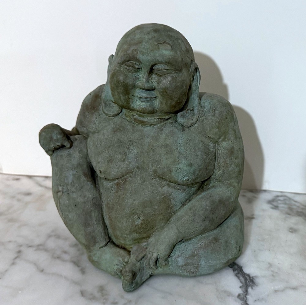 SOLID CAST HARDSTONE CHINESE STATUE OF A GREEN SMILING FAT SETATED BUDDHA