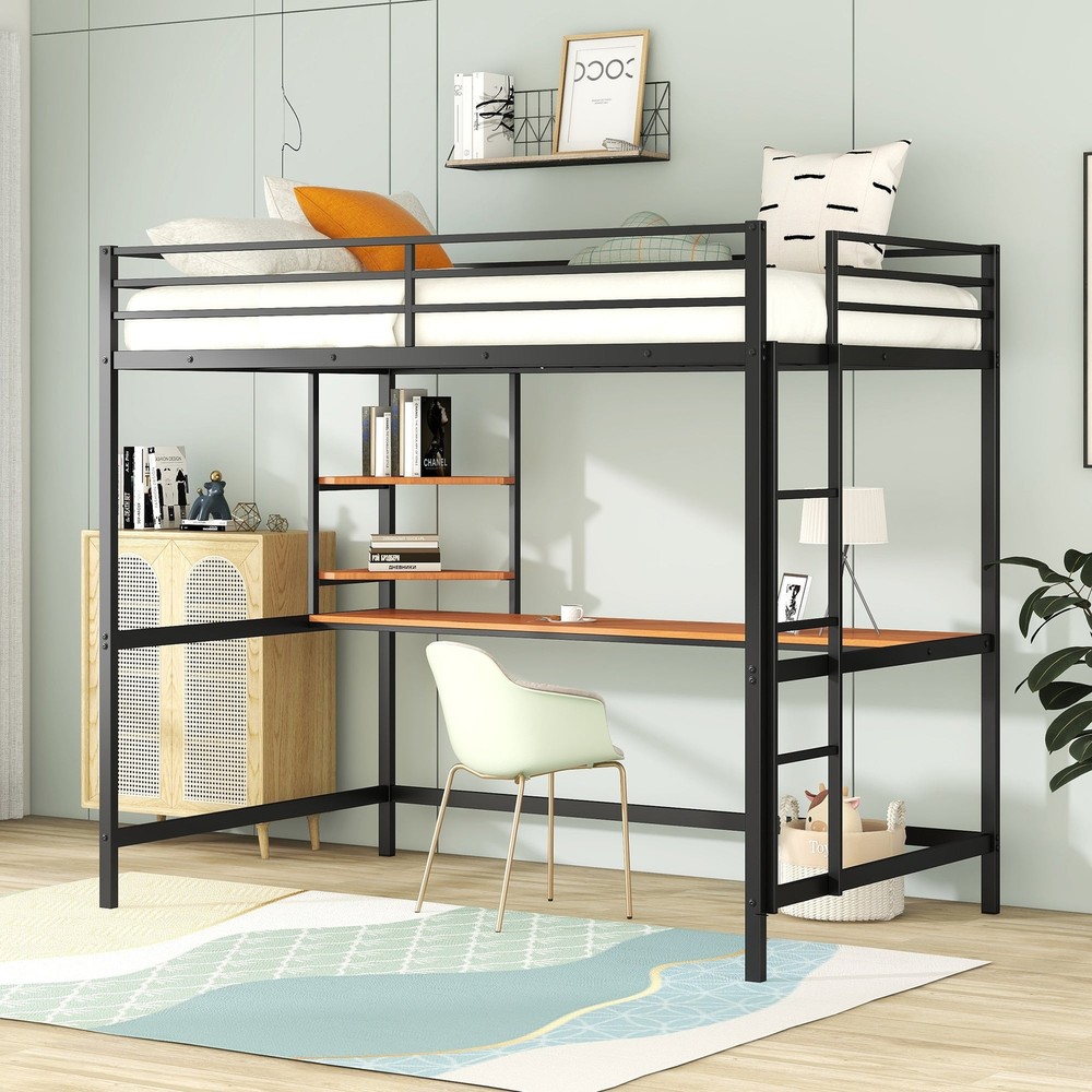 Black Full Metal Loft Bed with Built-In Desk and Shelves