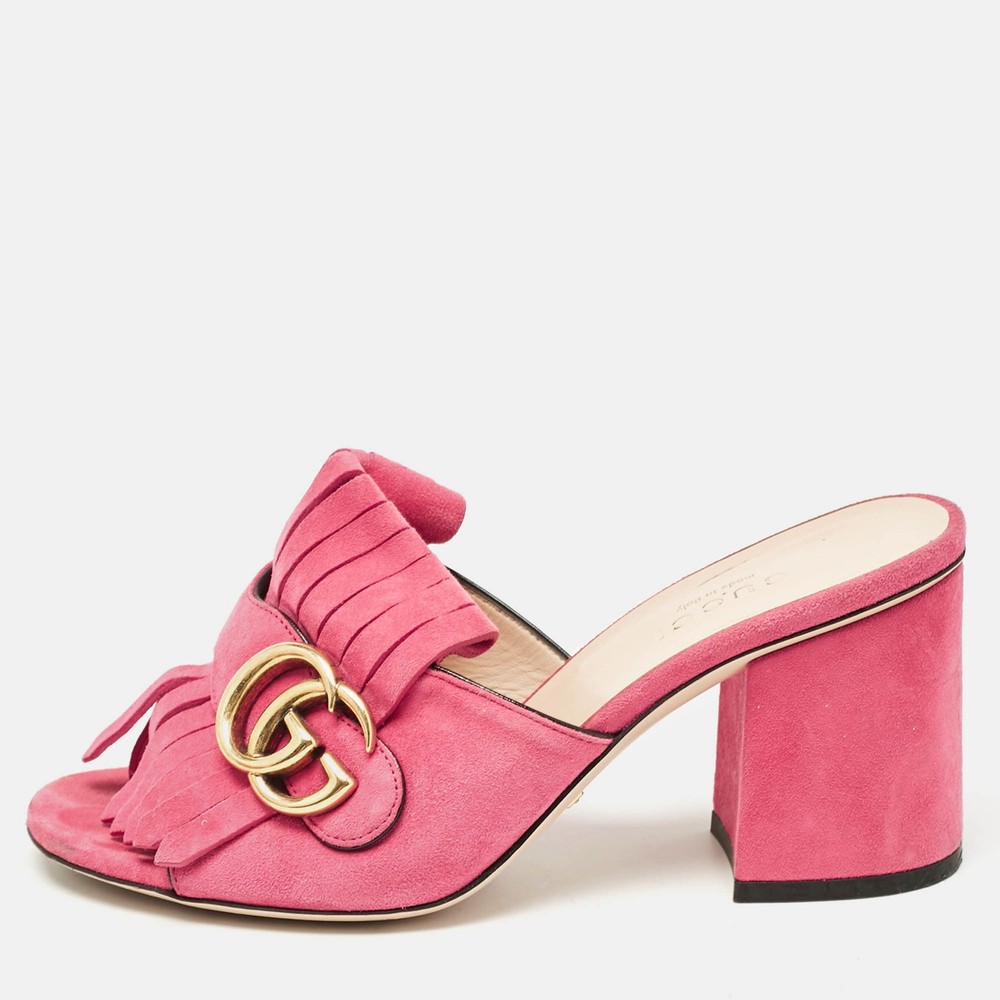 Gucci Pink Suede Double G Fringe Block Heel Slide Sandals Size 35