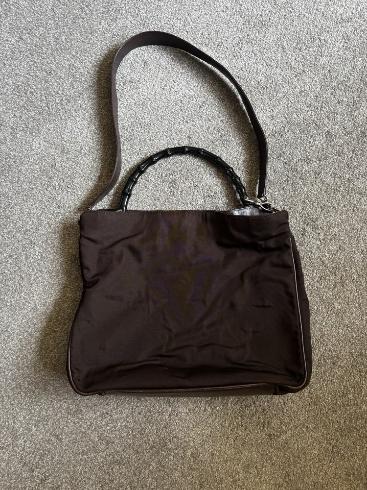 GUCCI Bamboo Handle Tote Bag Brown Nylon Leather 2-Way Shoulder Bag Excellent Condition