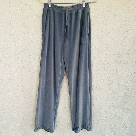 ALO Women's Medium Velour Glimmer High Waist Wide Leg Sweatpants with Logo