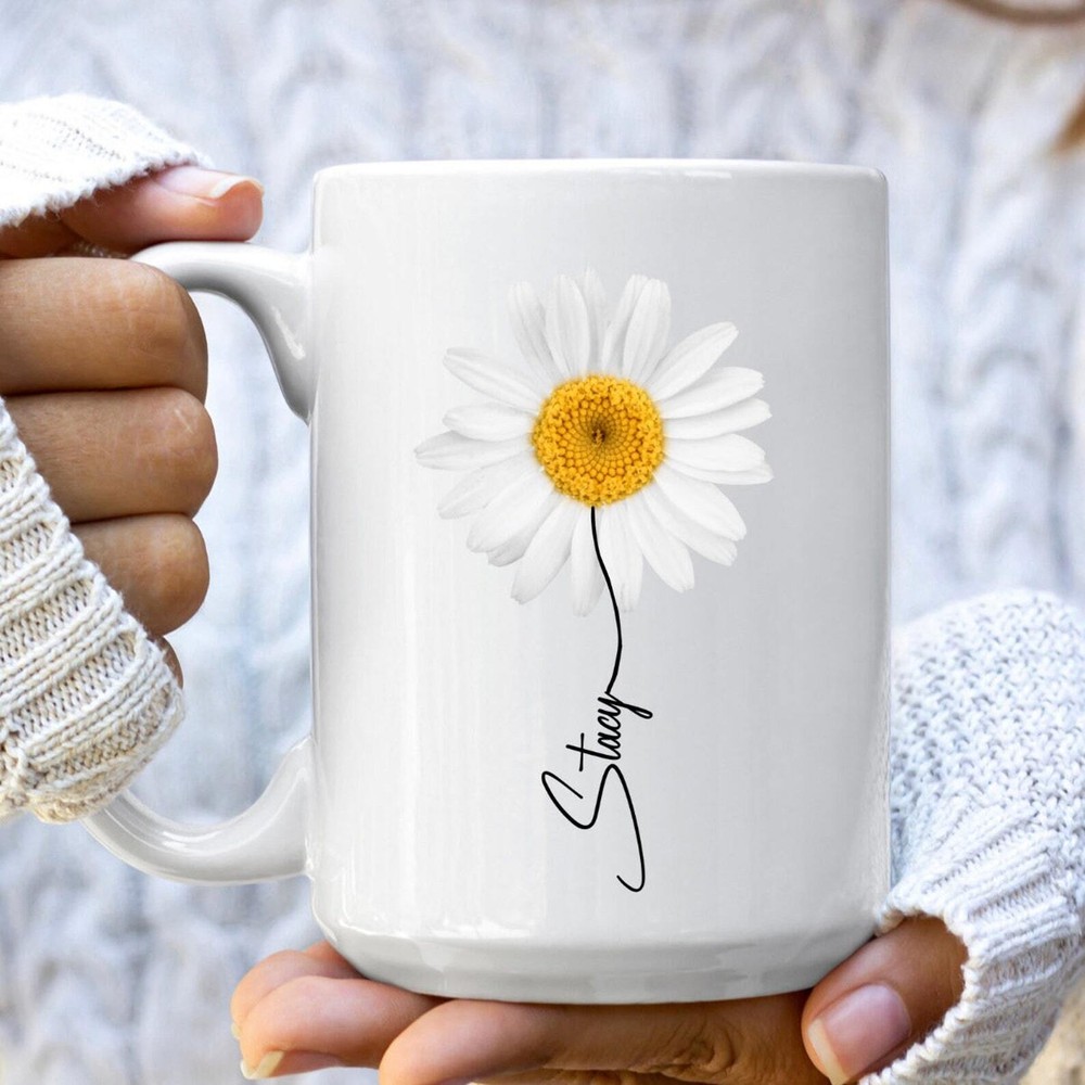 Personalized White Daisy Mug Floral Gift For Her