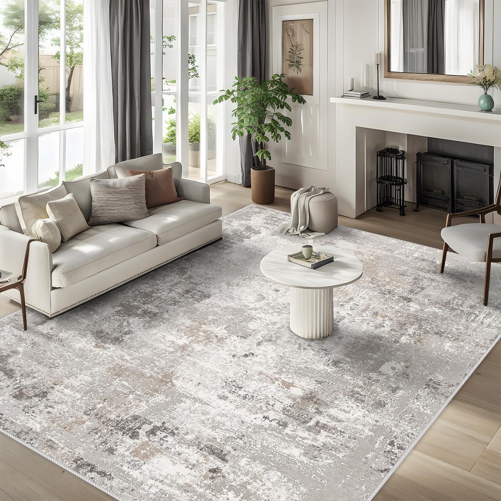 Modern Washable 9x12 Abstract Area Rug - Soft Neutral Large Rug for Living Room