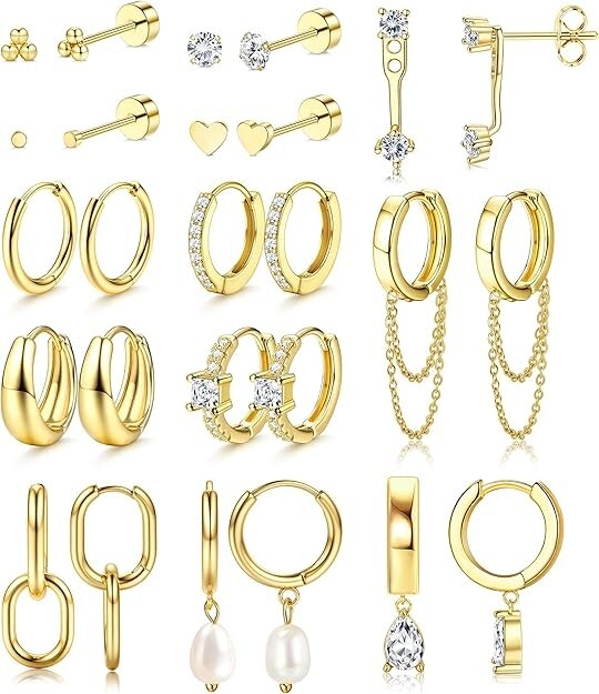 13Pairs Gold Earrings Stacks for Women Dainty Huggie Hoop Earrings Hypoallergeni