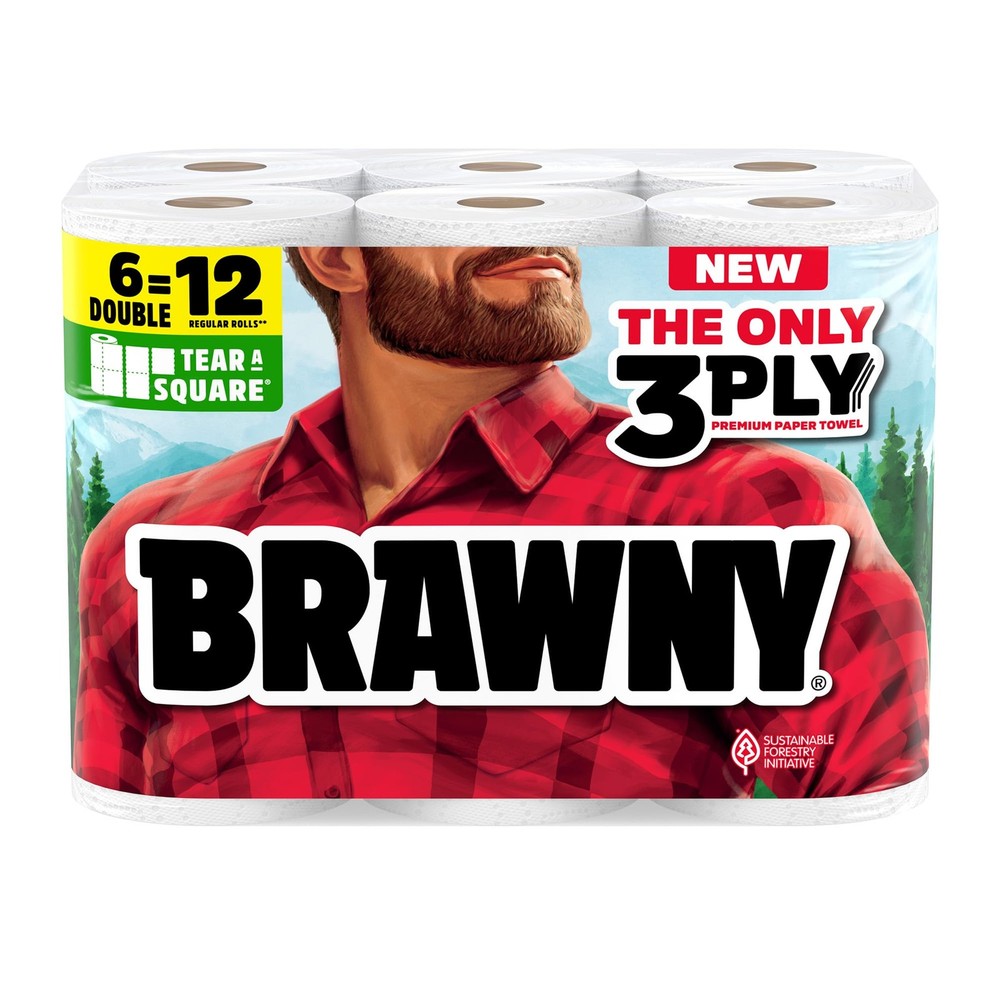 Brawny Tear-A-Square 3-Ply Paper Towels 6 Double Rolls equals 12 Regular Rolls Strong Absorbent