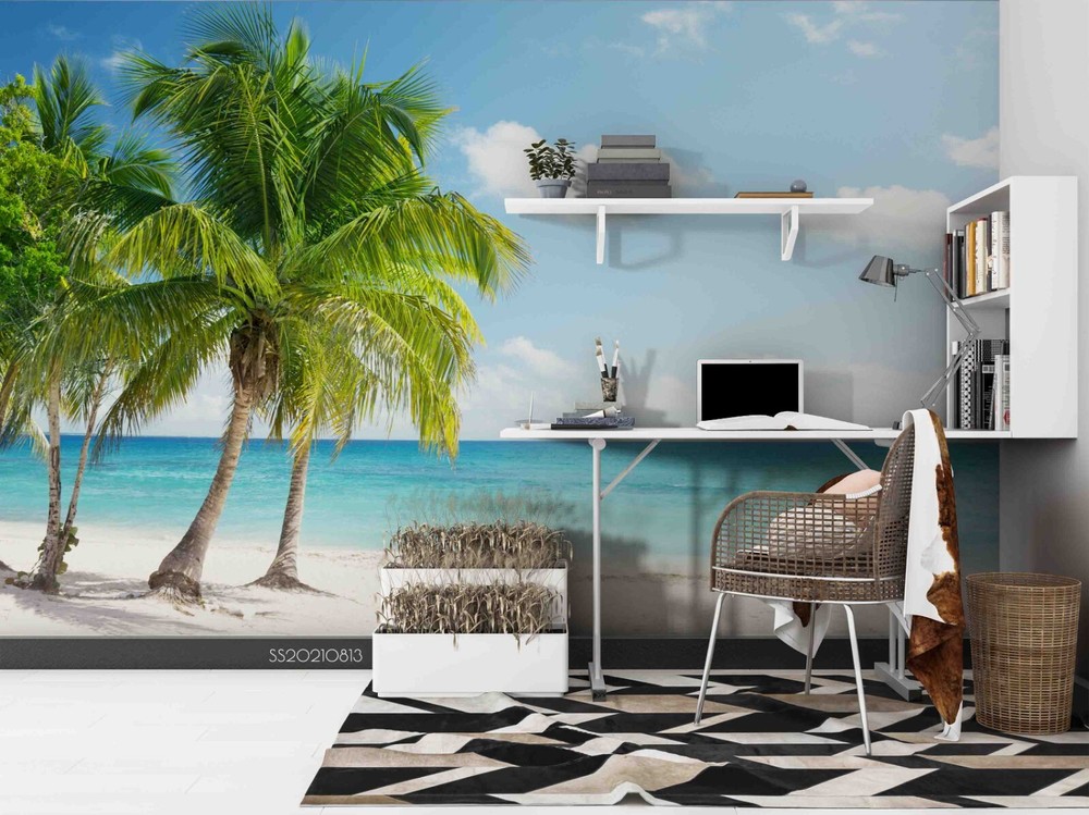 3D Tropical Sky Beach Coconut Tree Wall Murals Wallpaper Murals Wall Sticker