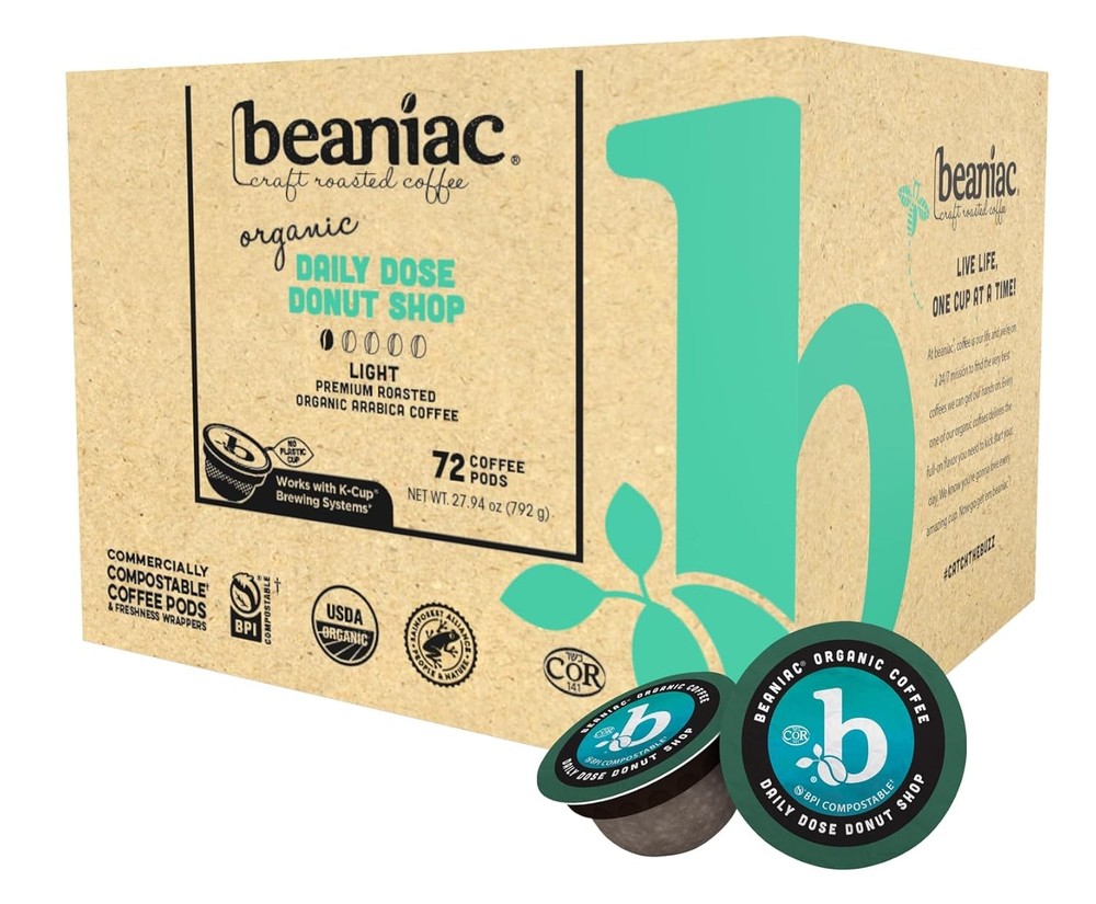 beaniac Organic Daily Dose Donut Shop, Light Roast, 72 Count (Pack of 1)