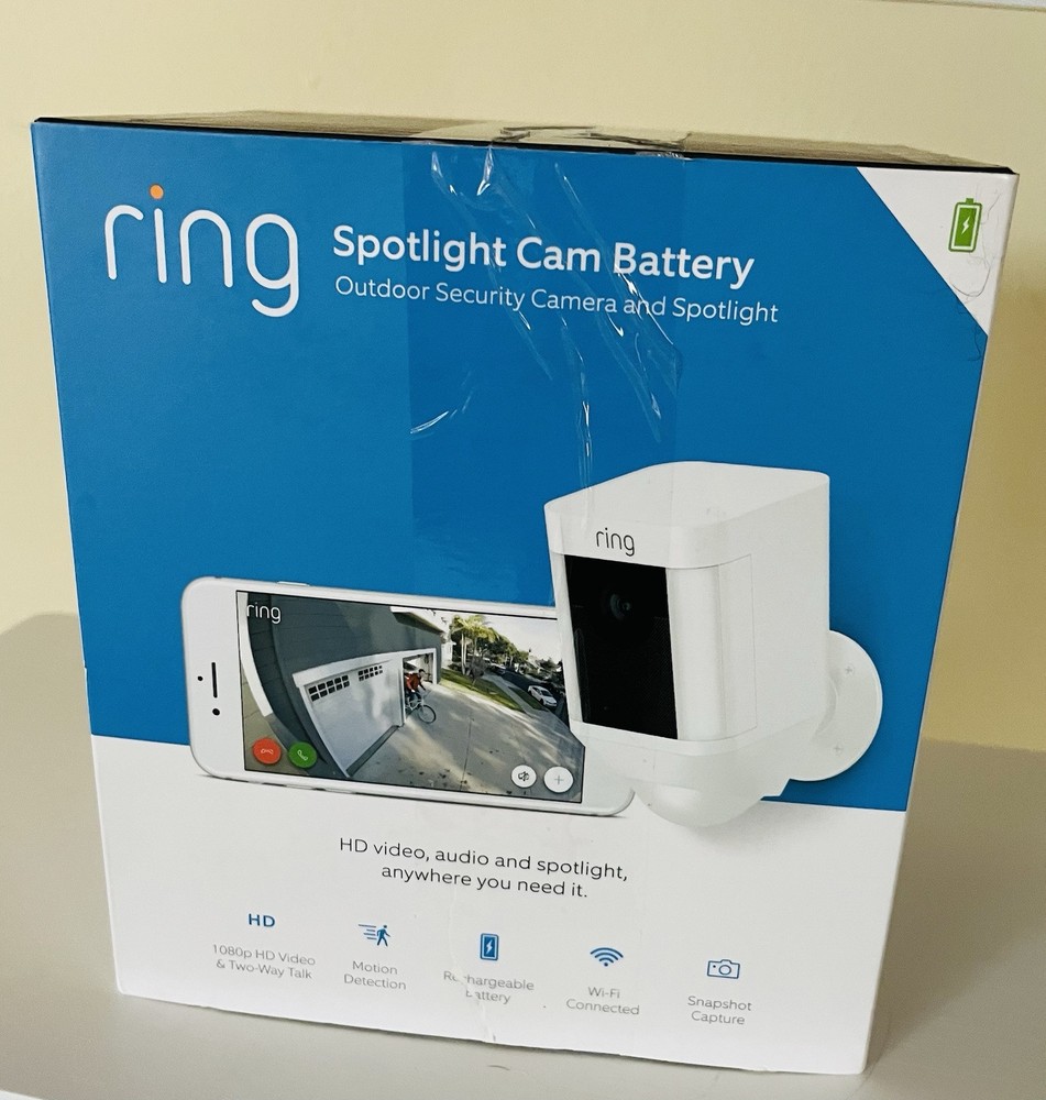 Ring Spotlight Cam Outdoor Battery Powered Security Camera White-Never Used