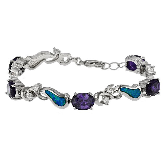 6CT Amethyst & Australian Opal Inlay 925 Sterling Silver Tennis Bracelet OX5