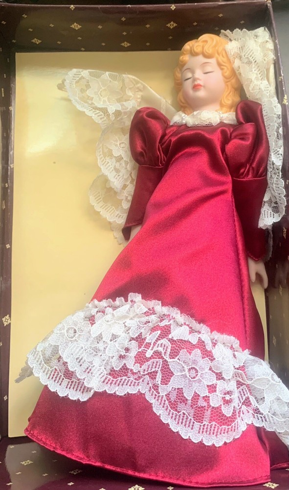 Vintage BERRIE Red Lace Silky Dress Angel Bone China Christmas Tree Topper