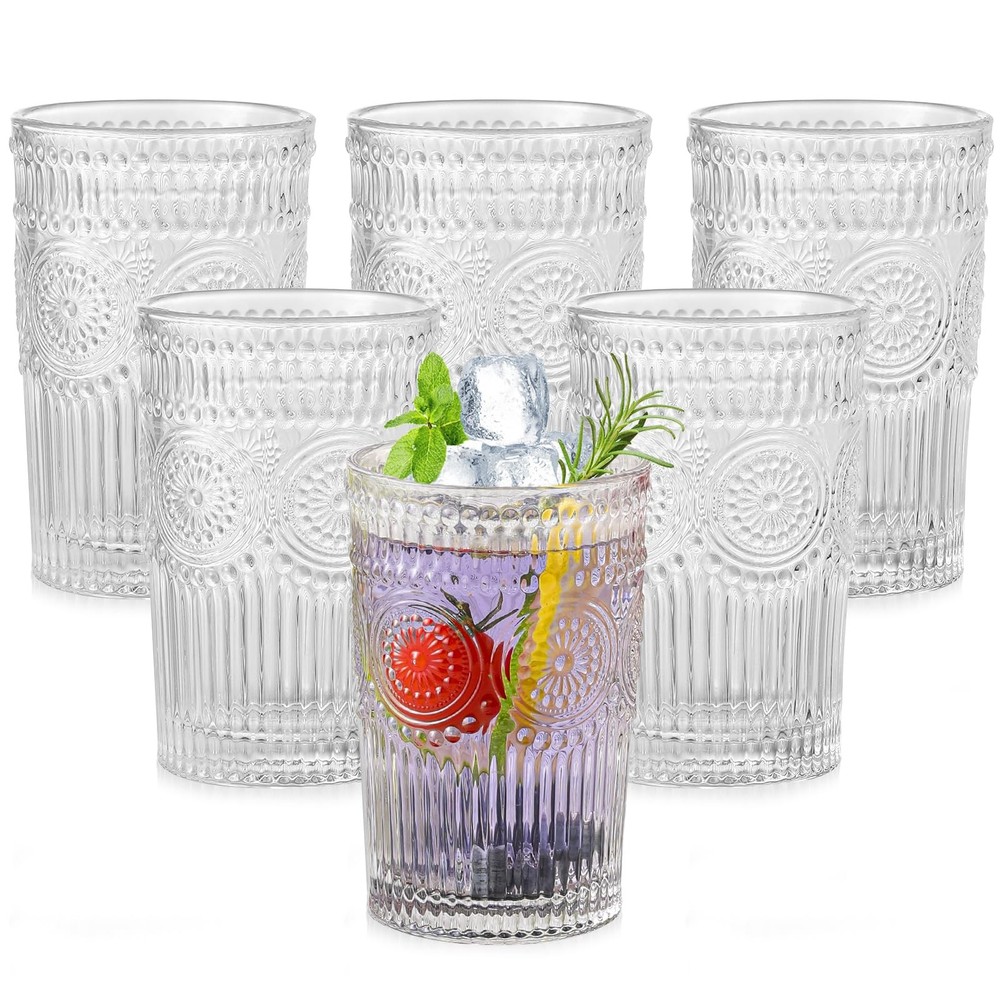 Vintage 13 oz Clear Textured Flower Glassware Set of 6 Drinking Glasses