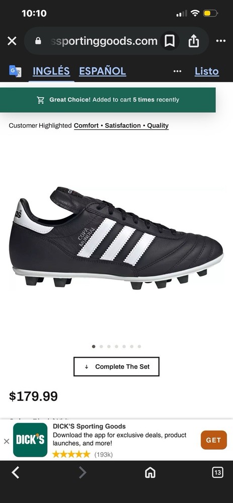 Zapato de Futbol Marca Adidas Edición La Copa Mundial Soccer