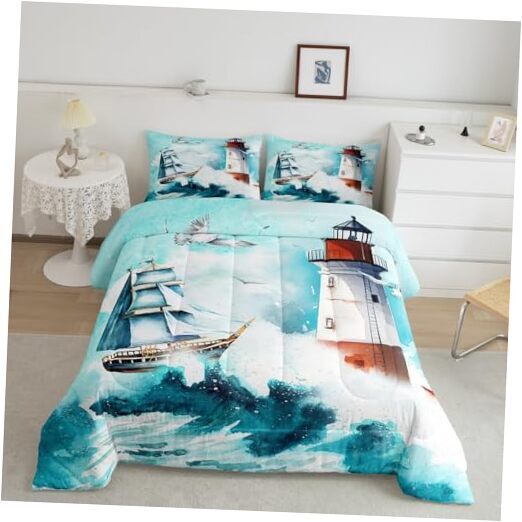 Comforter Set,Lighthouse Sailing Boat Bedding Set 3pcs for Kids Queen Nautical