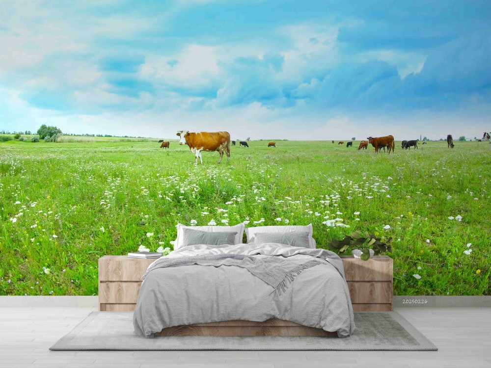 3D Sky Grassland Cow Landscape Wall Murals Wallpaper Murals Wall Sticker 3