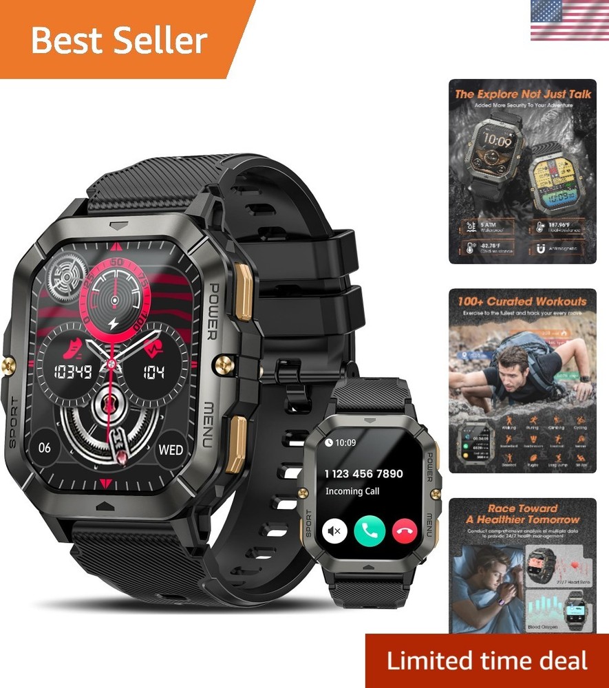 Rugged Military Smartwatch for Men - Waterproof Fitness Tracker with Call & Blood Pressure Monitoring