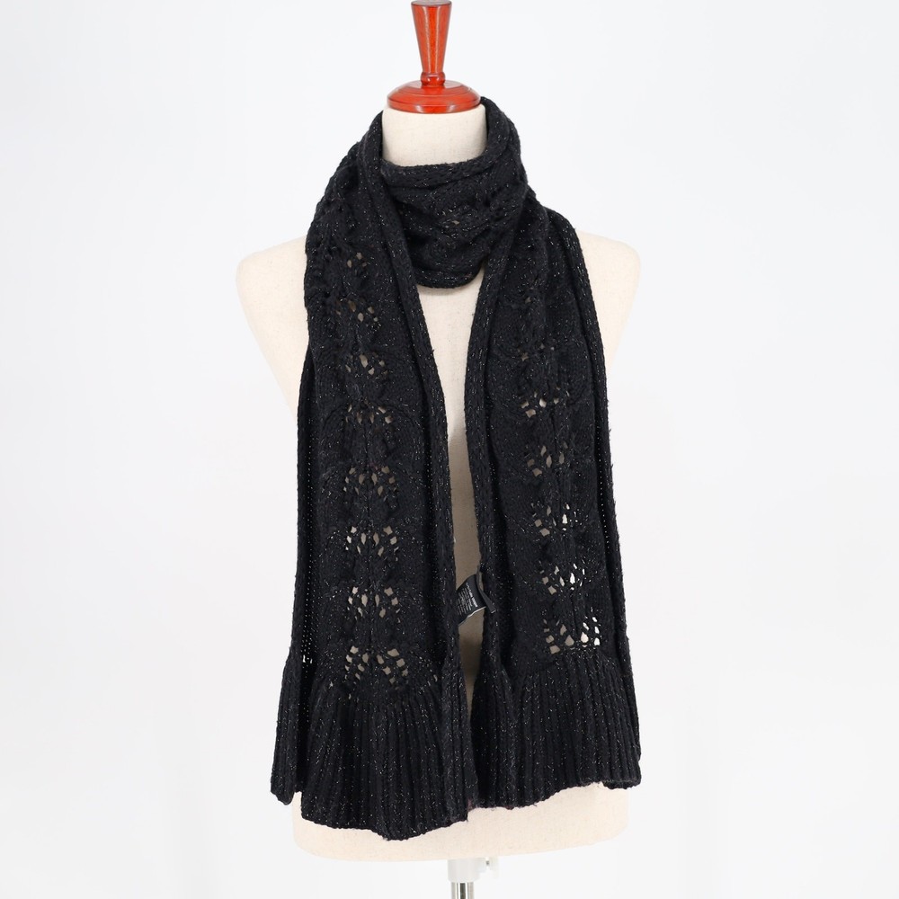 Badgley Mischka Women Black Metallic Wool Blend Fishtail Cable Knit Scarf