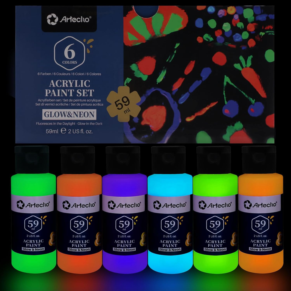 Glow in the Dark Paint, 6 Colors (59 Ml / 2 Oz) Acrylic Paint for Decoration, Ar