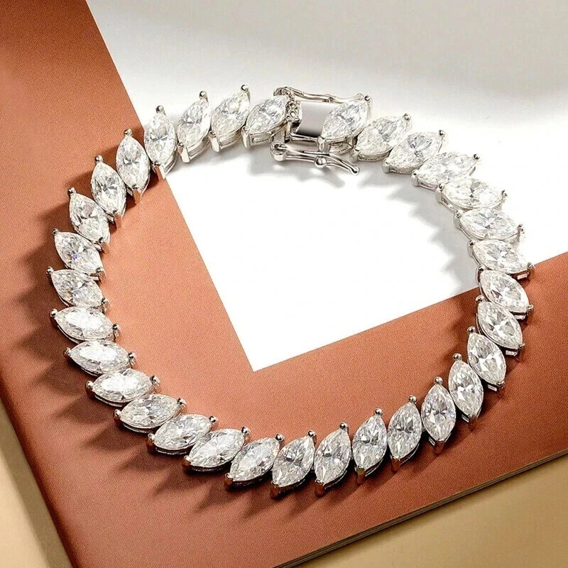 12CTW Marquise D/VVS1 Moissanite Tennis Bracelet in 14K White Gold Plated 7 Inch