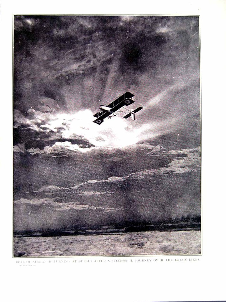 Original Old Vintage Print 1917 World War British Airmen Aeroplane Sunset 20th