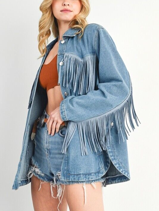Oversized Fringe Style Blue Denim Jacket for Women