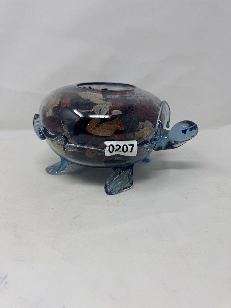 Vintage Hand Blown Glass Turtle Potpourri Holder - Blue Decorative Trinket Bowl