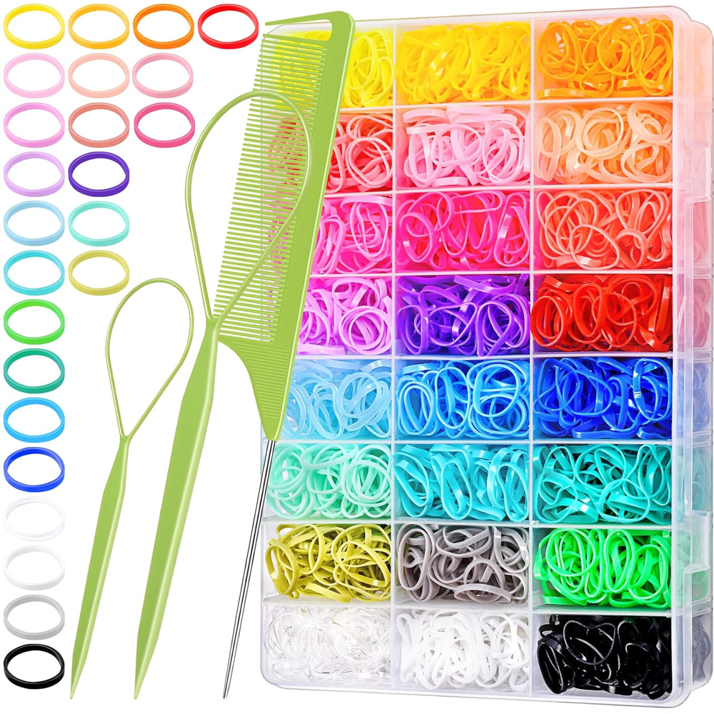 24-Color Hair Ties 2000PCS with Storage Box Stretch Rubber Bands