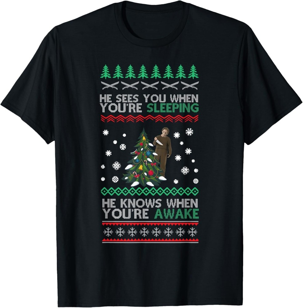 NEW He Sees You When You're Sleeping Horror Christmas Design Best T-Shirt S-3XL