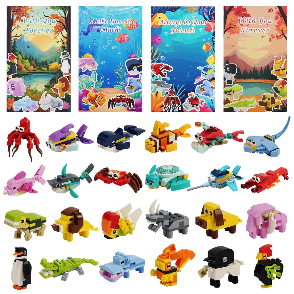 24 Pieces Valentine's Day Cards with Sea Creatures and Animals Building Block...