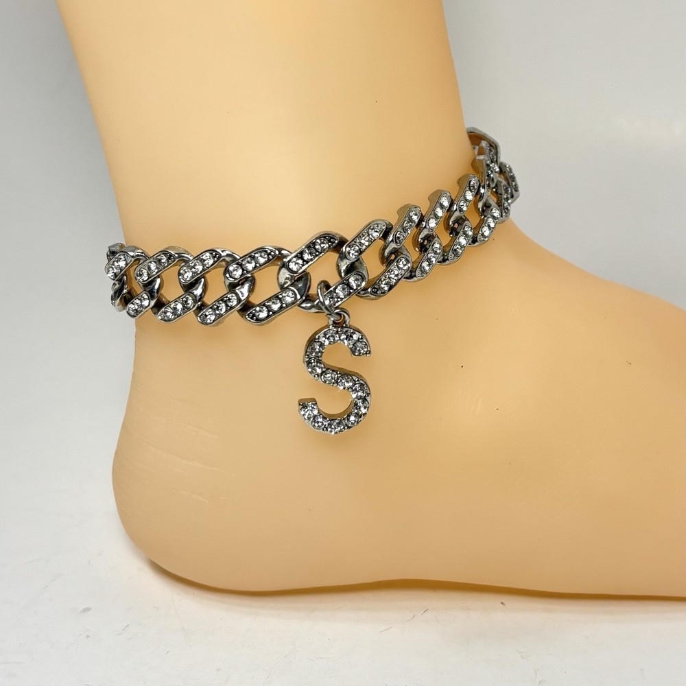 Silver Chunky Curb Link Rhinestone Anklet with Initial S - Adjustable Boot Jewelry