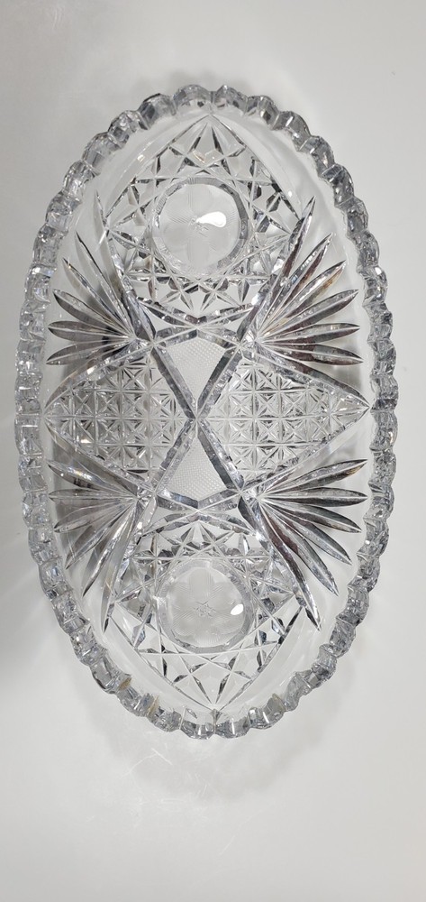 Vintage Heavy Lead Crystal Oval Candy Dish with Sparkling Cut Glass Design