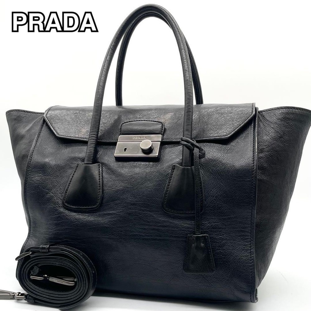 Rare PRADA Two-Way Handbag in Black Navy Calf Leather with Triangle Logo Excellent Condition