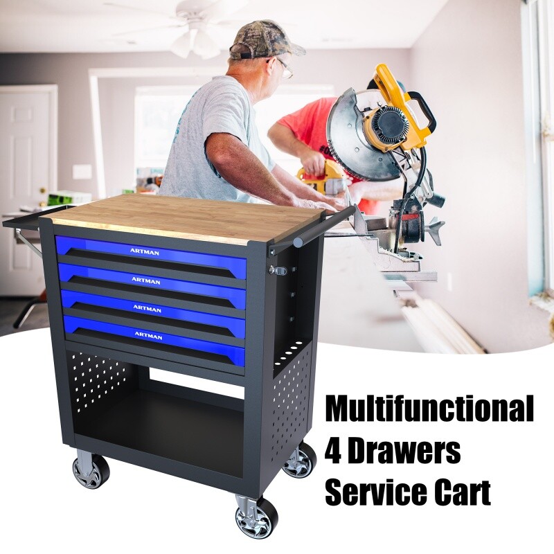 4 Drawers Tool Box Multi-Functional Rolling Storage Cart With Wheels&Wood Top