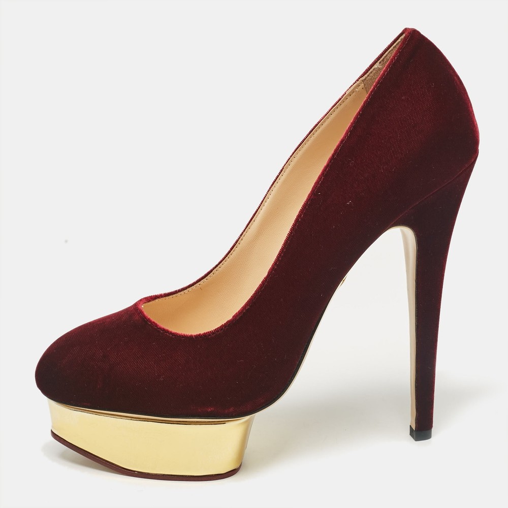 Charlotte Olympia Burgundy Velvet Dolly Platform Pumps Size 41 EU