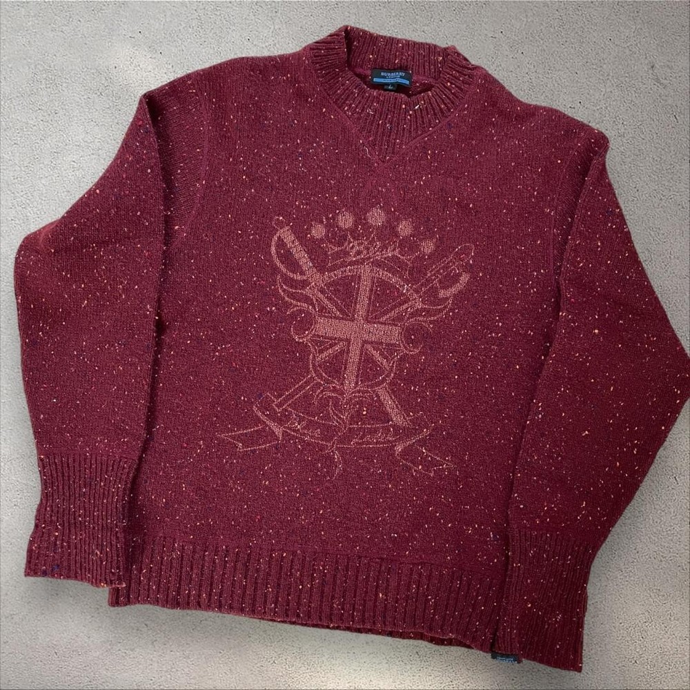 Burberry Blue Label Deka Logo Knit Oversize Herringbone Red Women Size L Used