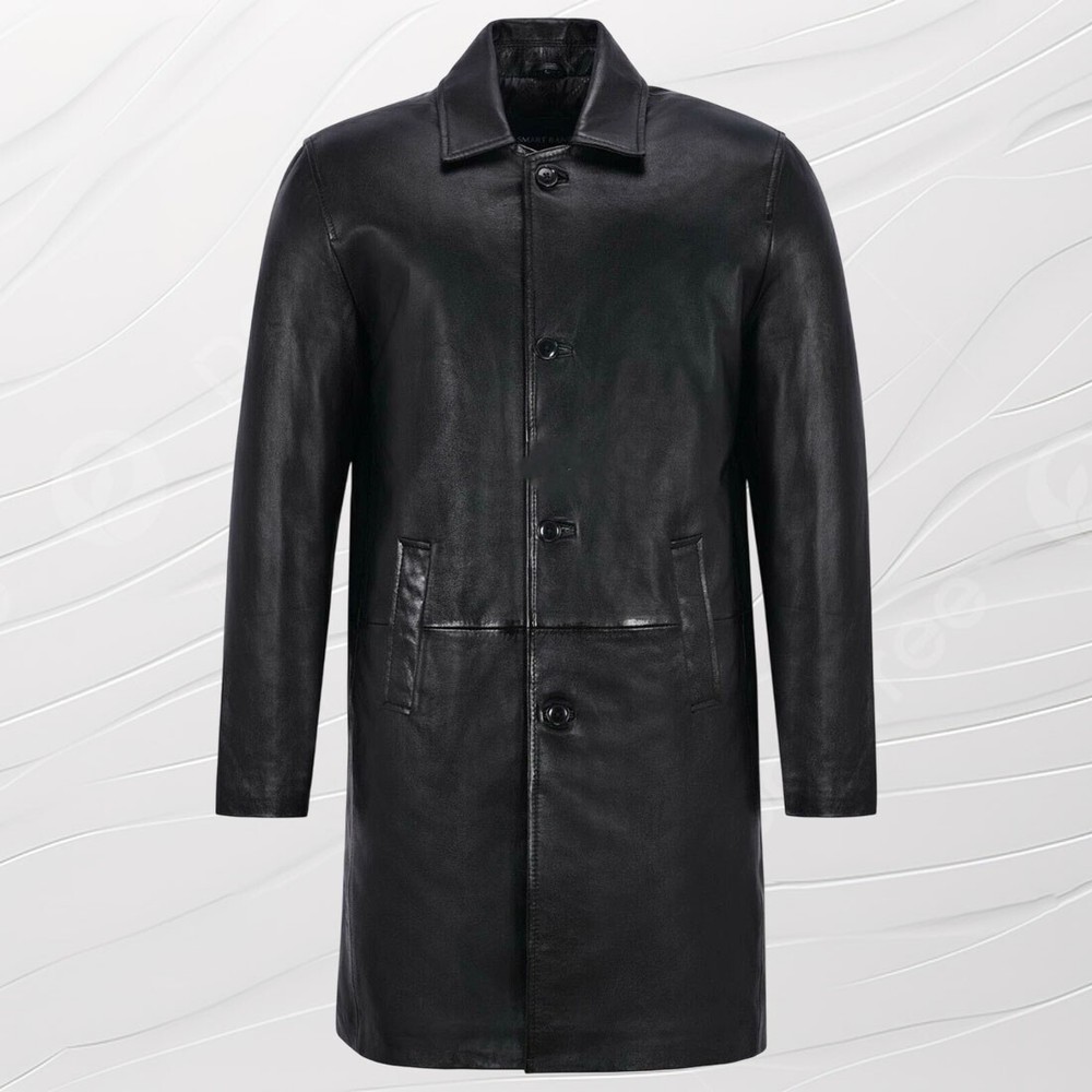 Men's Genuine Lambskin Leather Trench Long Coat Stylish Black Jacket
