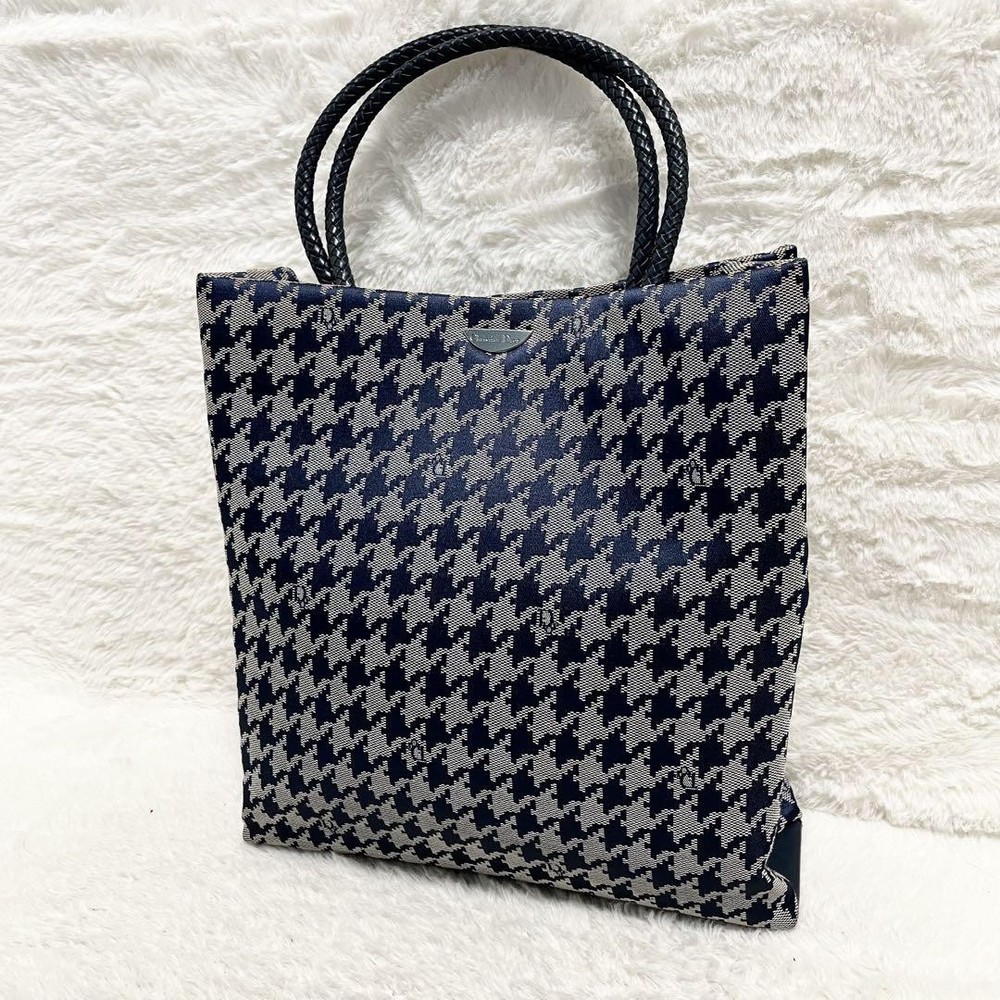 Christian Dior Houndstooth Canvas Tote Bag with Leather Trim and Logo Hardware