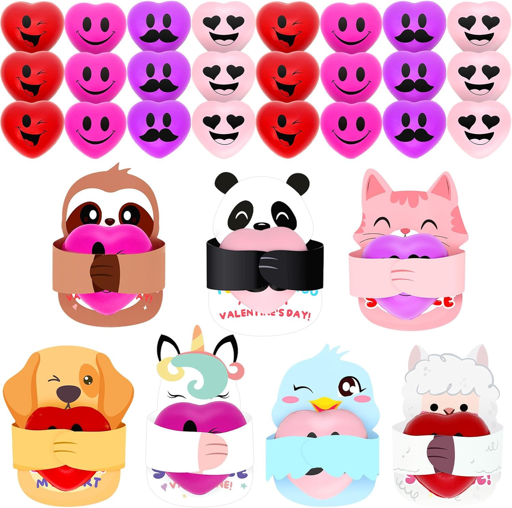 28 Packs Valentine'S Day Cards with Heart Stress Balls, Smile Face Squeeze Stres