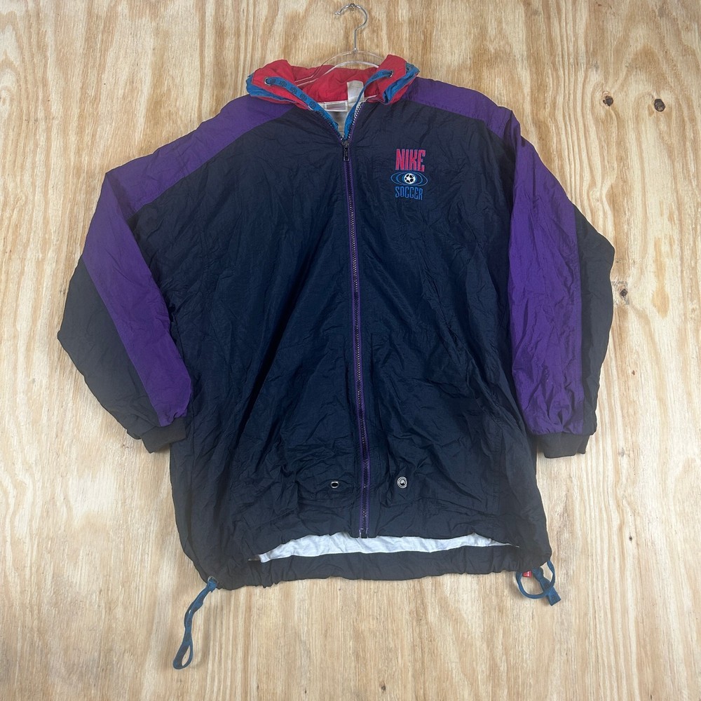 VTG Nike Soccer Windbreaker Full Zip Back Graphic Jacket Mens L Black Purple 90s