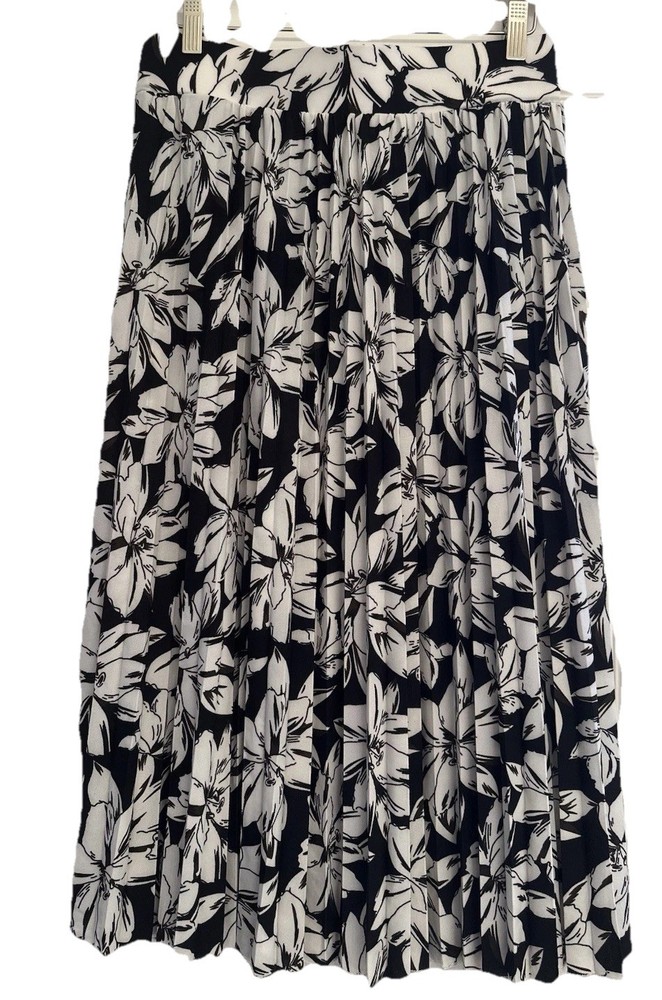 Classic Floral Pleated Midi Skirt for Women Size M in Black White Stretch Career Wear