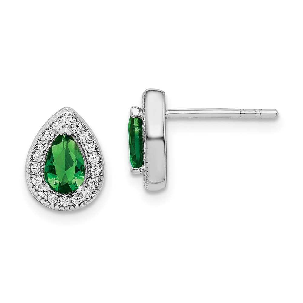 Sterling Silver Rhodium Plated Green and Clear Cubic Zirconia Post Stud Earrings