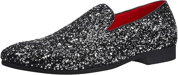 Santimon Mens US 8 - 11 Black Slip On Sequins Glitter Smoking Loafers Dress Shoe