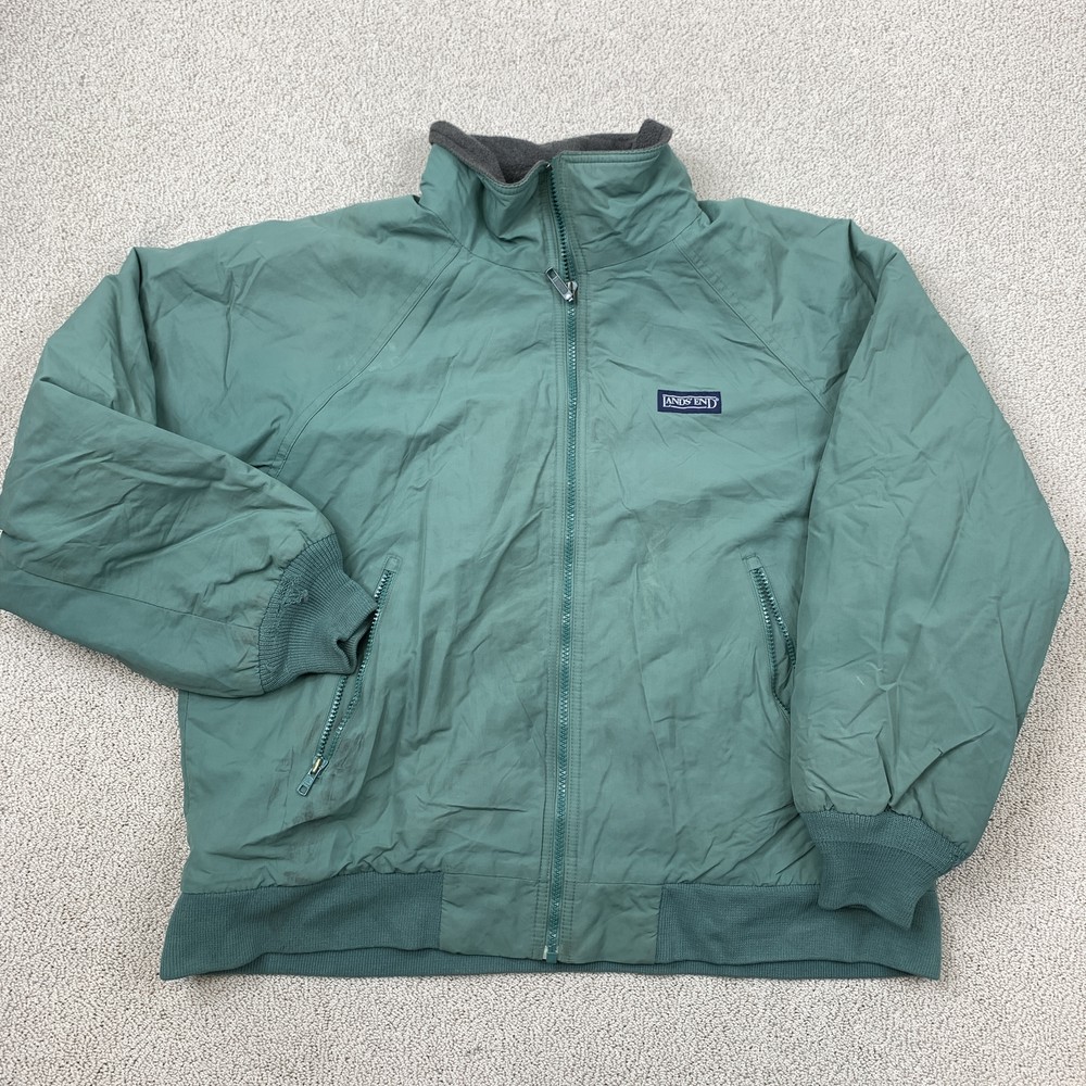 Vintage Lands' End Jacket Men's Medium Green Nylon Fleece Lined Full Zip