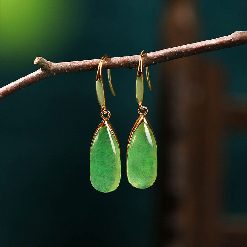 Jade Water Drop Earrings Women Green 925 Silver Amulet Natural Jewelry