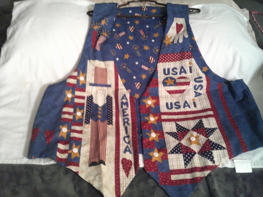 Handmade Unisex Patriotic Vest Open Front Uncle Sam Sz Large  USA STARS STRIPES