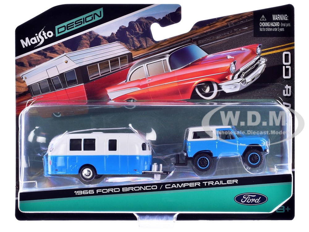 1966 FORD BRONCO W/CAMPER TRAILER BLUE & WHITE 1/64 DIECAST MAISTO 15368-FORD